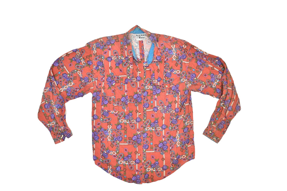 Vintage Adobe Rose Paisley Button Down Shirt Regular Size S 1992 Shoulder Pad